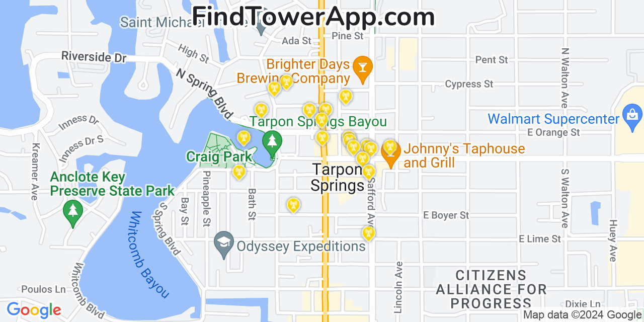 AT&T 4G/5G cell tower coverage map Tarpon Springs, Florida