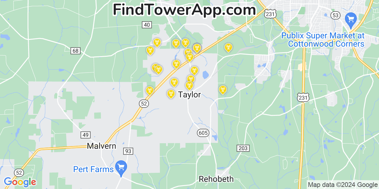 AT&T 4G/5G cell tower coverage map Taylor, Alabama