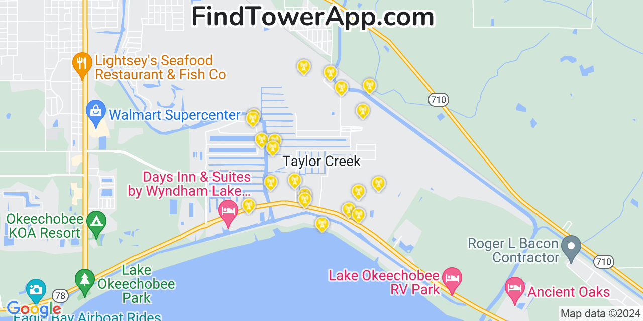 AT&T 4G/5G cell tower coverage map Taylor Creek, Florida