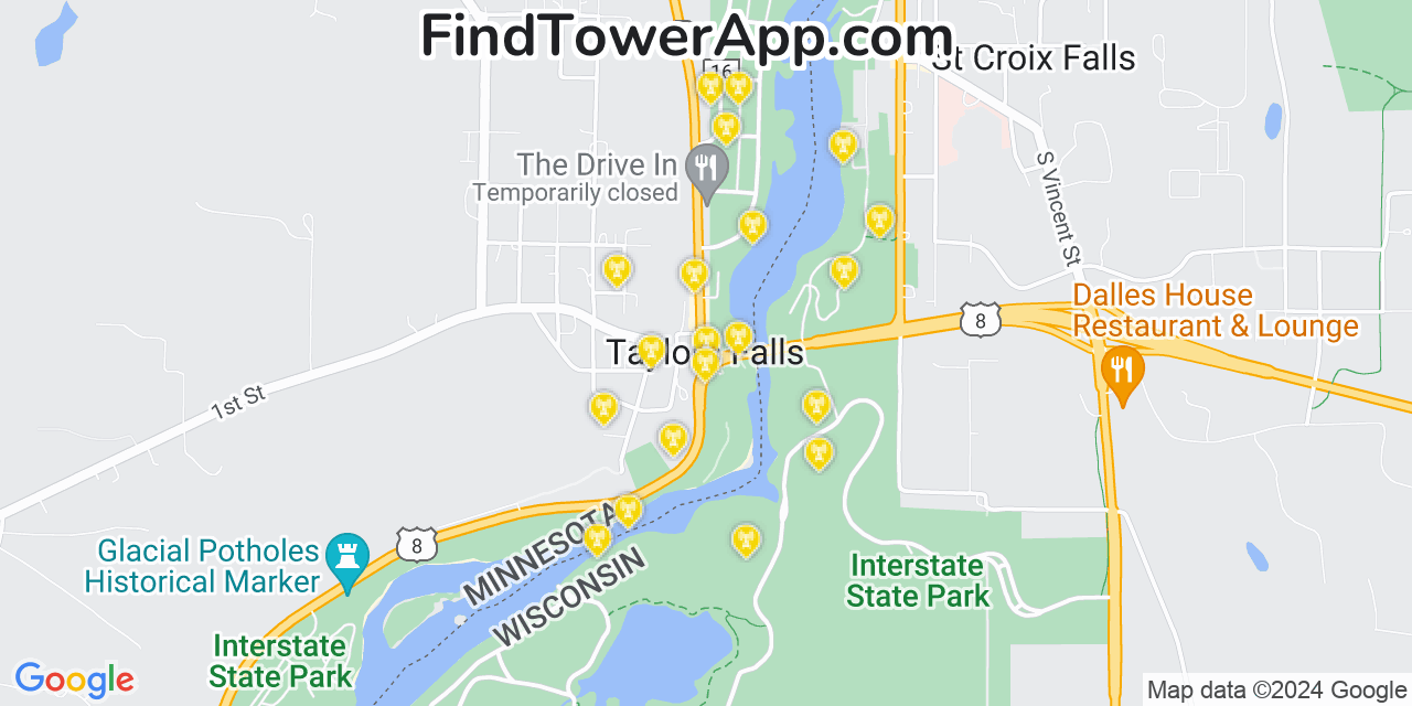 Verizon 4G/5G cell tower coverage map Taylors Falls, Minnesota