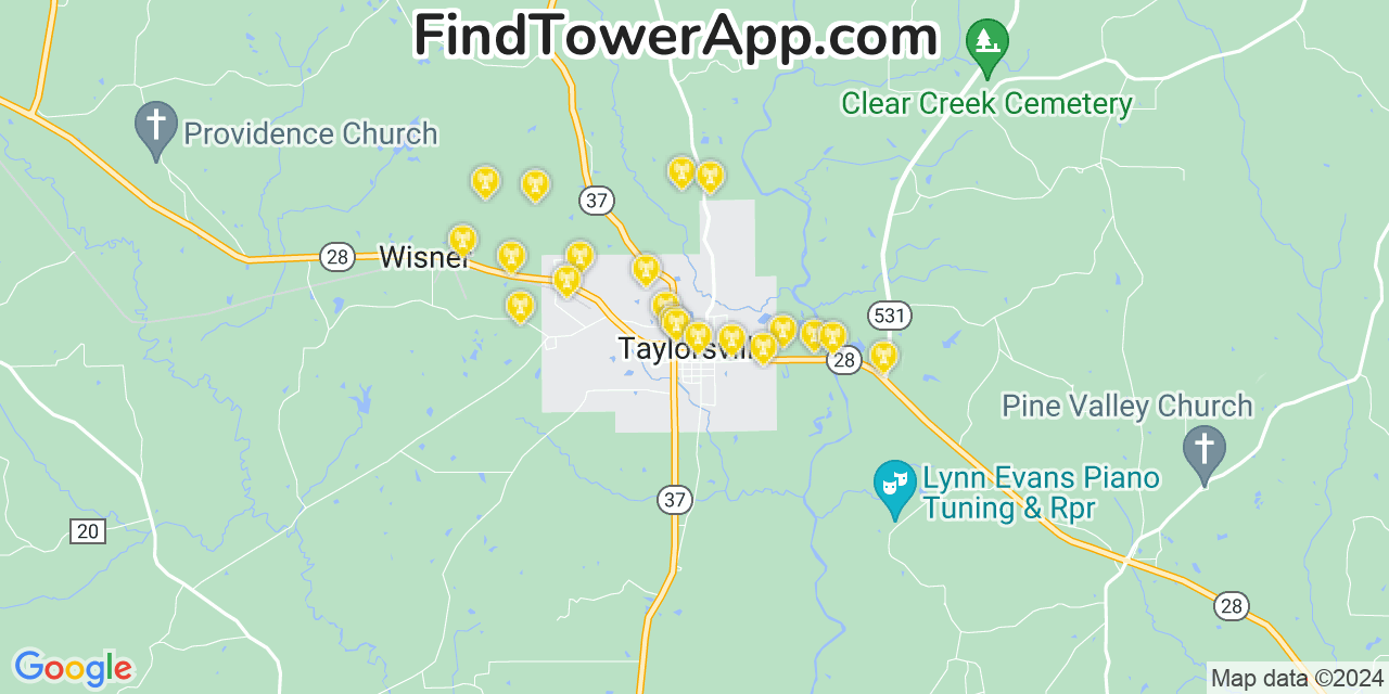 AT&T 4G/5G cell tower coverage map Taylorsville, Mississippi