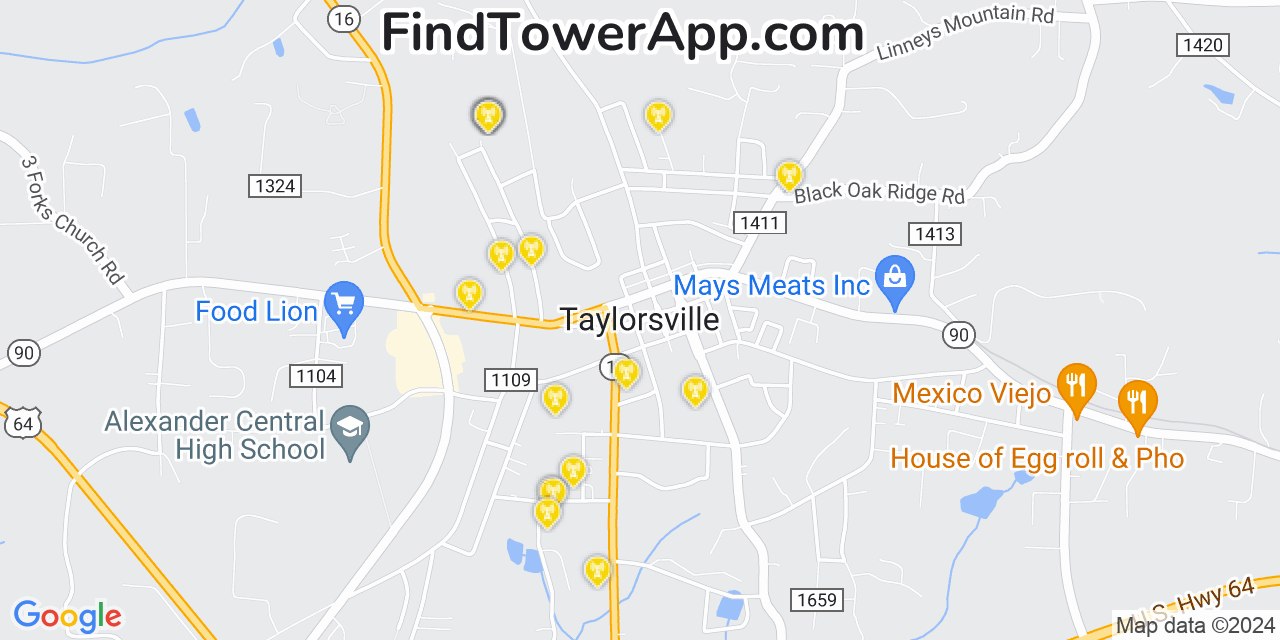 AT&T 4G/5G cell tower coverage map Taylorsville, North Carolina