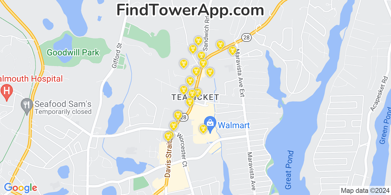 AT&T 4G/5G cell tower coverage map Teaticket, Massachusetts