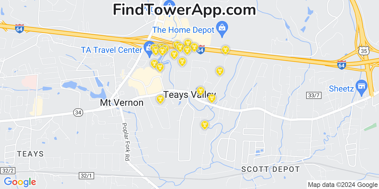 AT&T 4G/5G cell tower coverage map Teays Valley, West Virginia