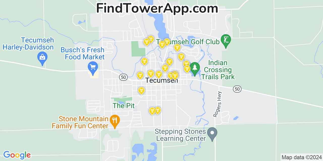 AT&T 4G/5G cell tower coverage map Tecumseh, Michigan