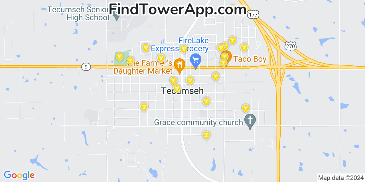 AT&T 4G/5G cell tower coverage map Tecumseh, Oklahoma