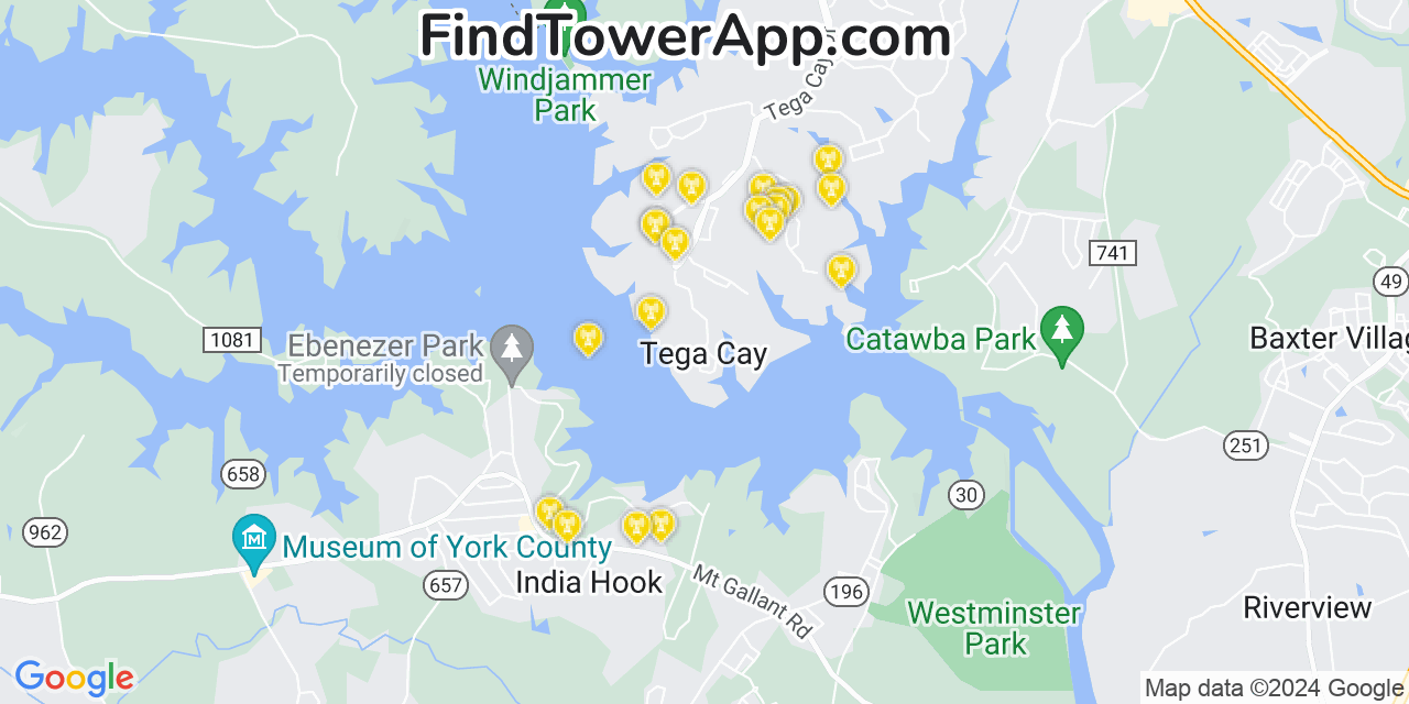 AT&T 4G/5G cell tower coverage map Tega Cay, South Carolina