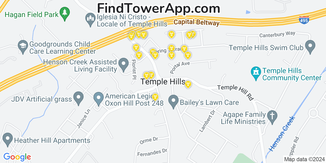 AT&T 4G/5G cell tower coverage map Temple Hills, Maryland