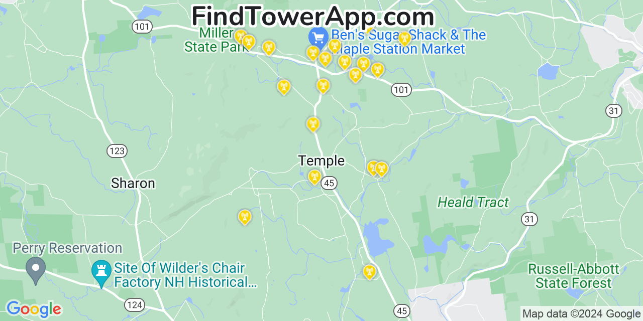 AT&T 4G/5G cell tower coverage map Temple, New Hampshire