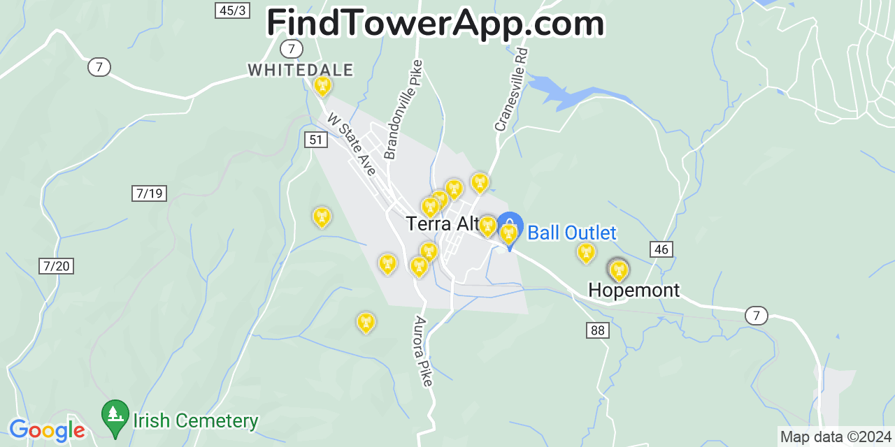 AT&T 4G/5G cell tower coverage map Terra Alta, West Virginia