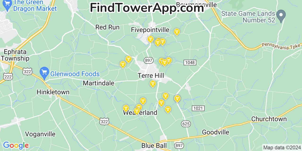 AT&T 4G/5G cell tower coverage map Terre Hill, Pennsylvania