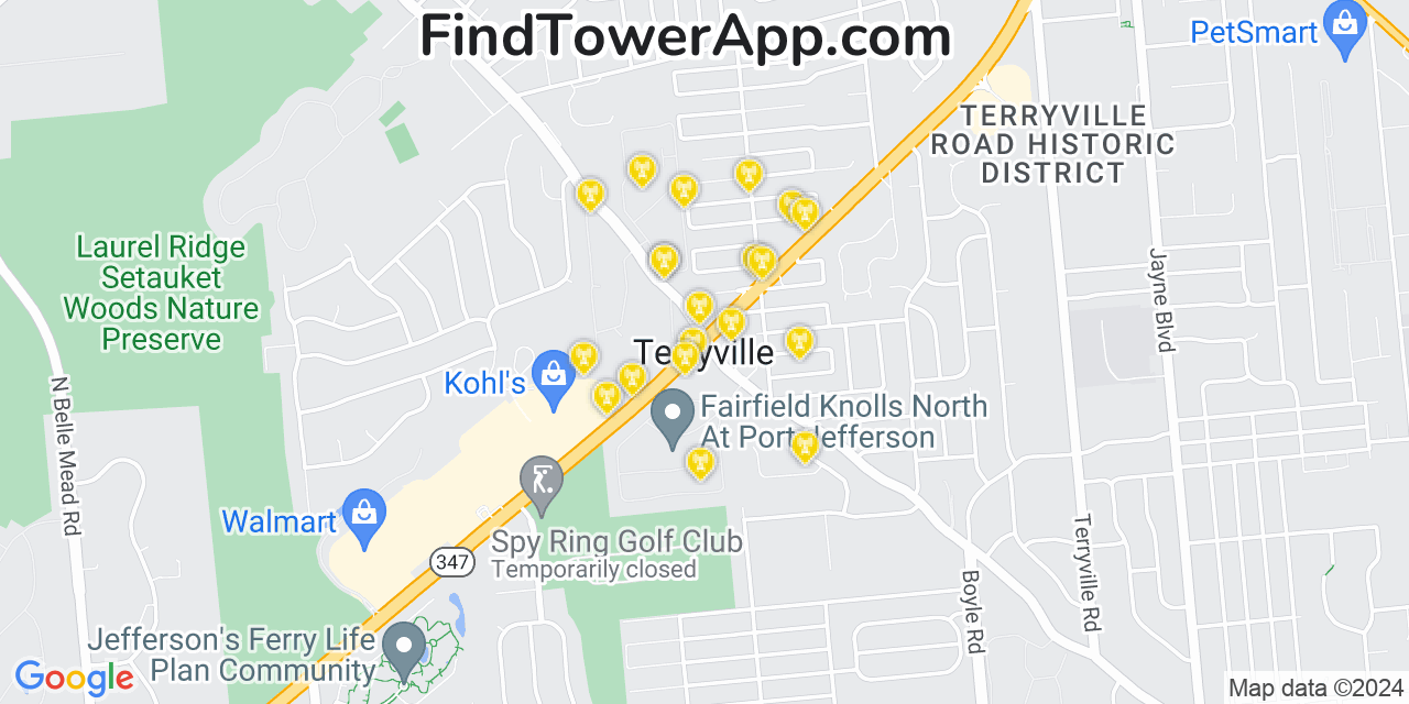 AT&T 4G/5G cell tower coverage map Terryville, New York