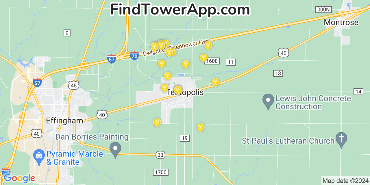 AT&T 4G/5G cell tower coverage map Teutopolis, Illinois