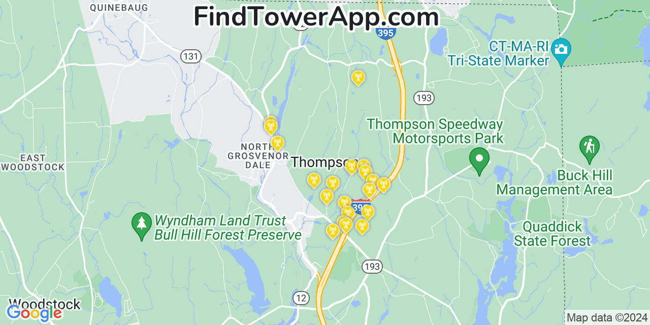 AT&T 4G/5G cell tower coverage map Thompson, Connecticut