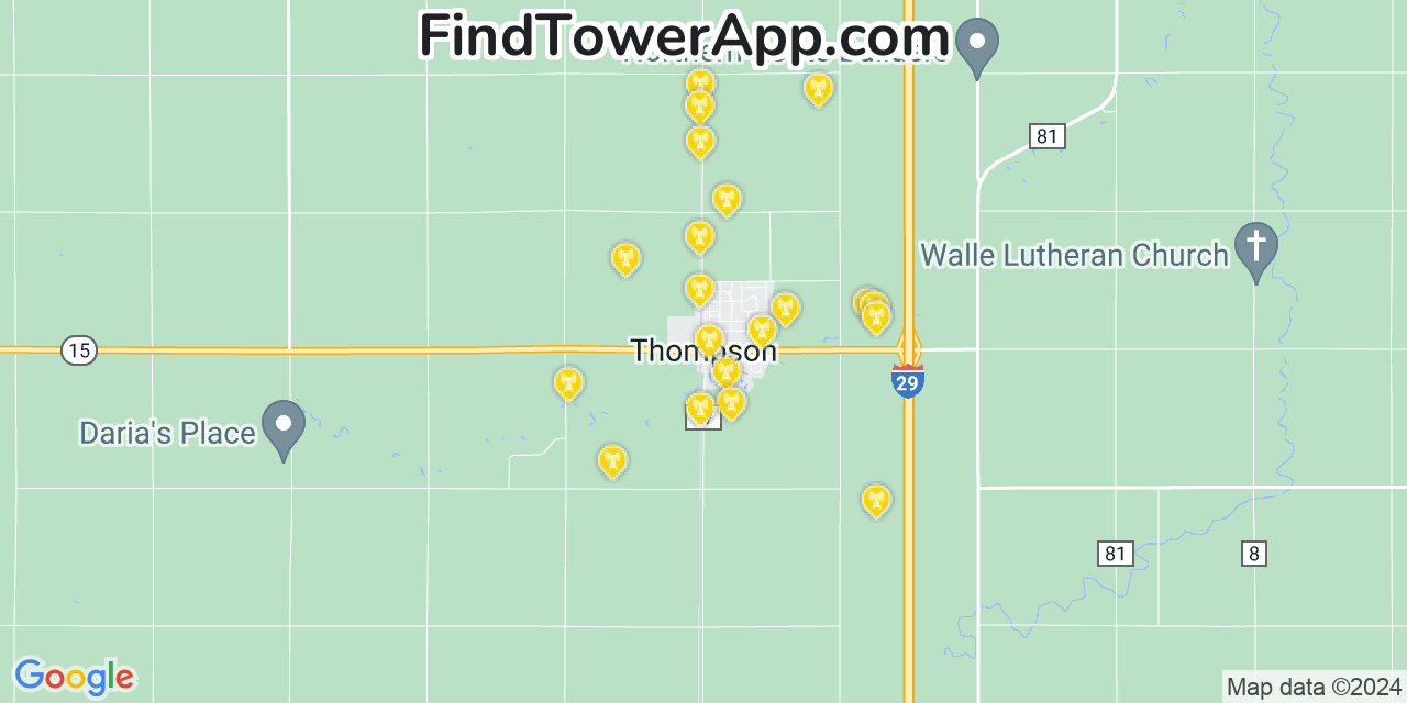 AT&T 4G/5G cell tower coverage map Thompson, North Dakota