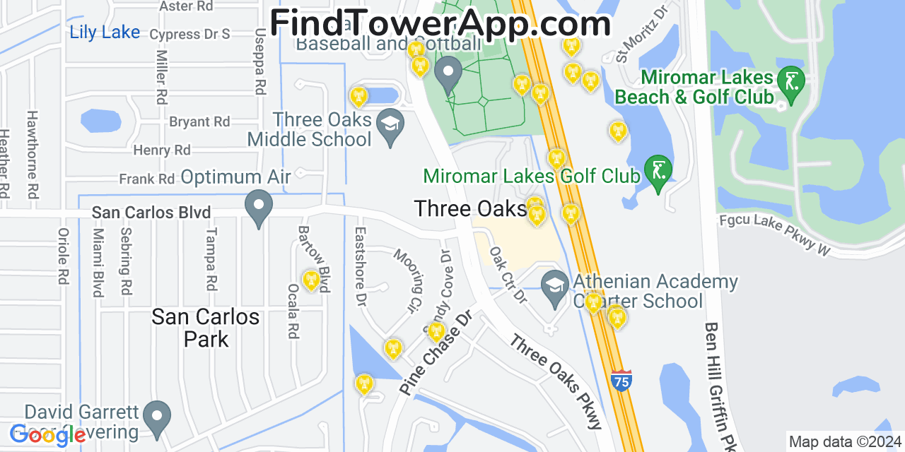 AT&T 4G/5G cell tower coverage map Three Oaks, Florida