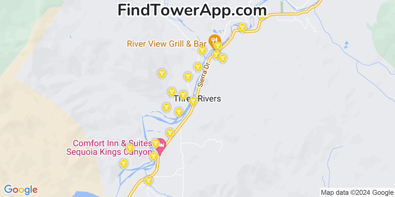 AT&T 4G/5G cell tower coverage map Three Rivers, California