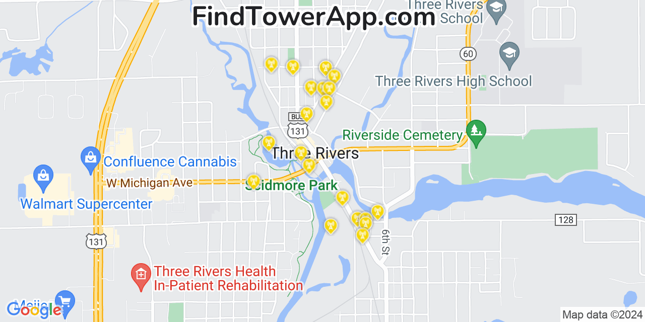 AT&T 4G/5G cell tower coverage map Three Rivers, Michigan