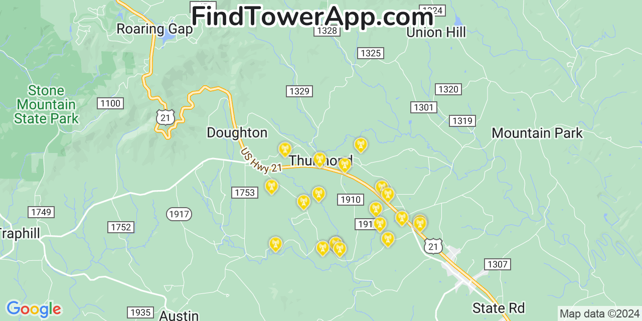 AT&T 4G/5G cell tower coverage map Thurmond, North Carolina