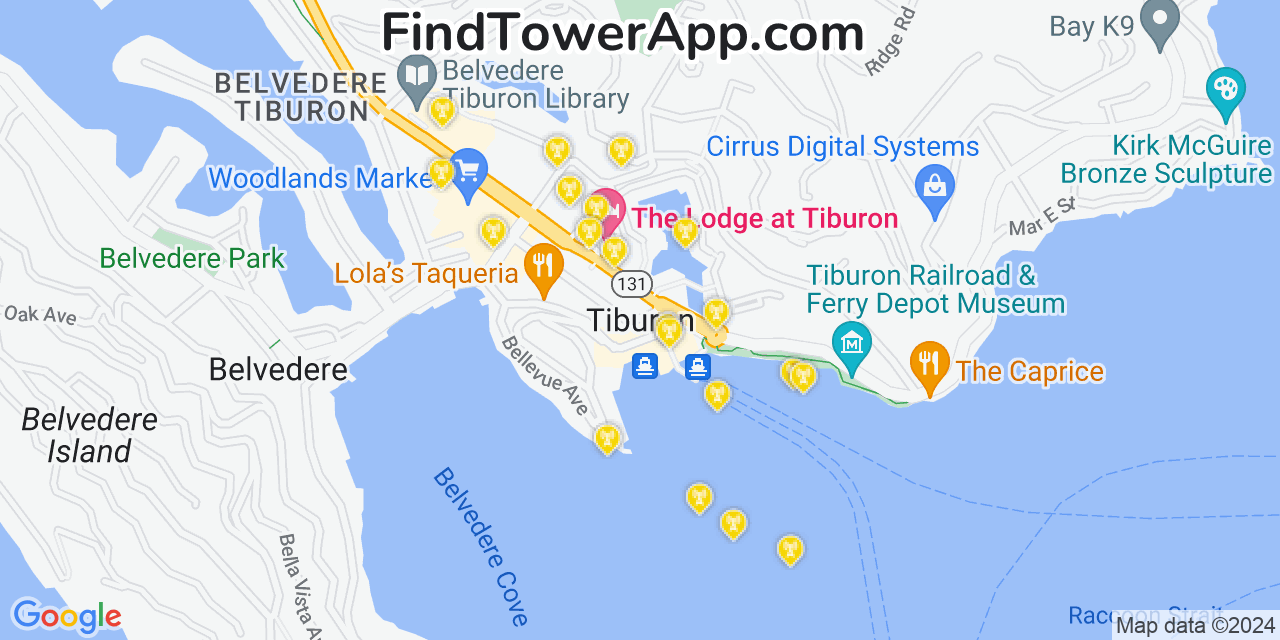 Verizon 4G/5G cell tower coverage map Tiburon, California