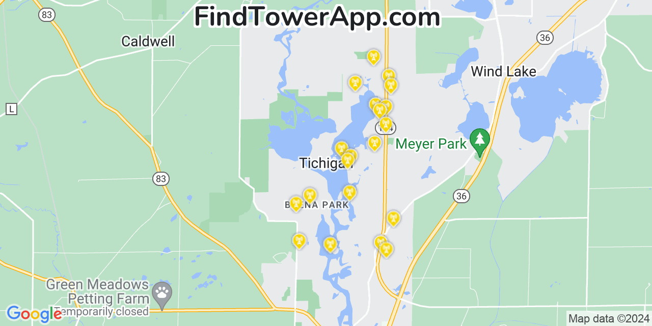 AT&T 4G/5G cell tower coverage map Tichigan, Wisconsin