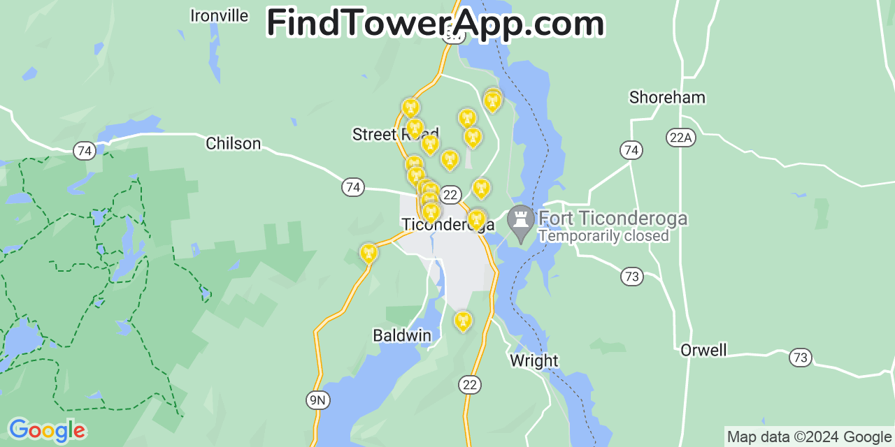 AT&T 4G/5G cell tower coverage map Ticonderoga, New York