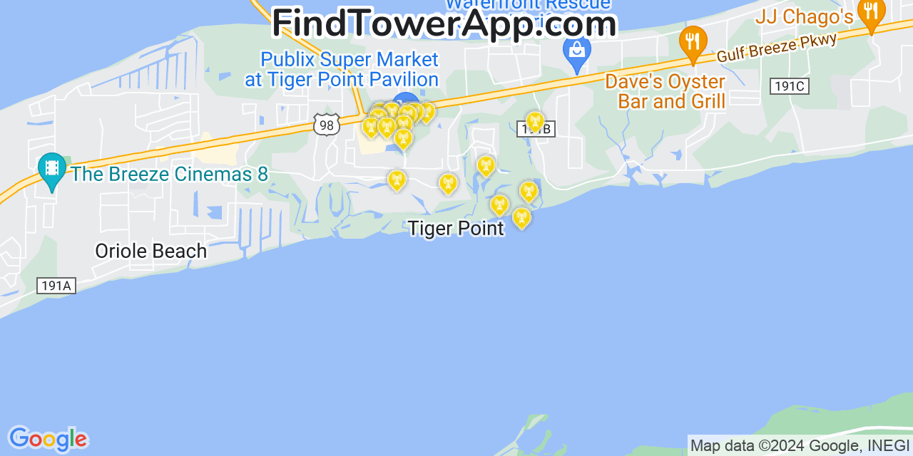AT&T 4G/5G cell tower coverage map Tiger Point, Florida
