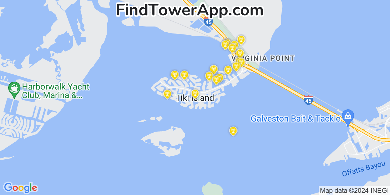 AT&T 4G/5G cell tower coverage map Tiki Island, Texas