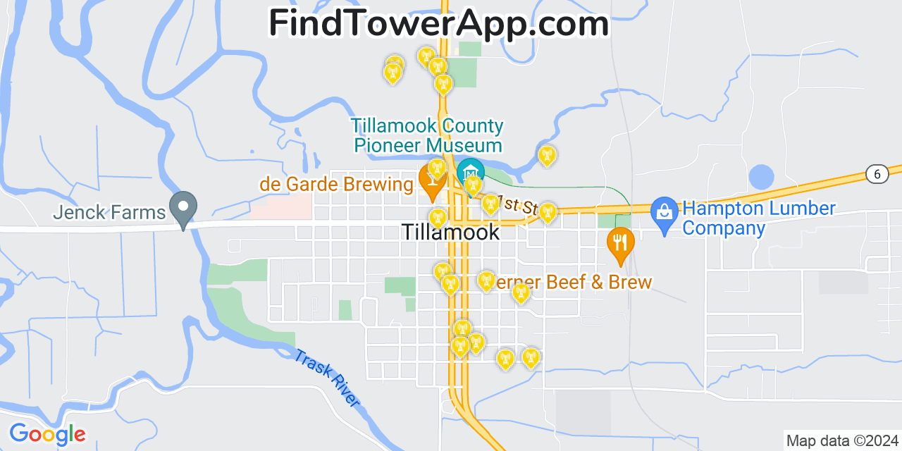 AT&T 4G/5G cell tower coverage map Tillamook, Oregon