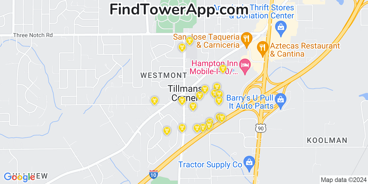 Verizon 4G/5G cell tower coverage map Tillmans Corner, Alabama