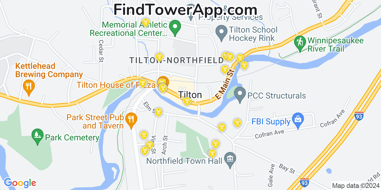 AT&T 4G/5G cell tower coverage map Tilton, New Hampshire