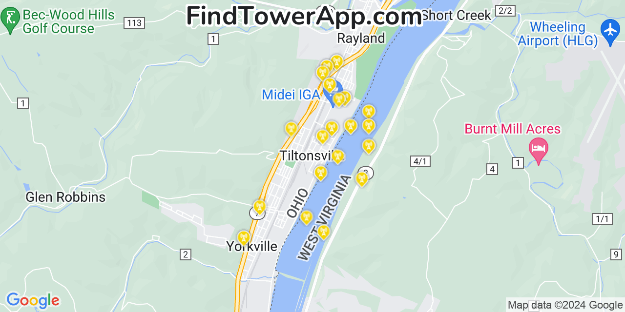 AT&T 4G/5G cell tower coverage map Tiltonsville, Ohio