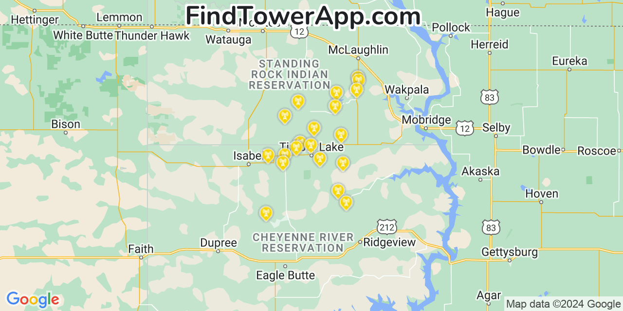 AT&T 4G/5G cell tower coverage map Timber Lake, South Dakota