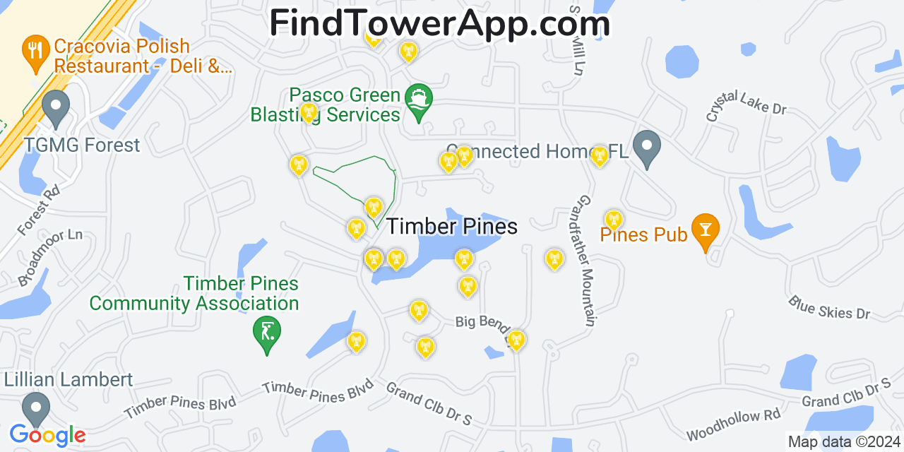 AT&T 4G/5G cell tower coverage map Timber Pines, Florida