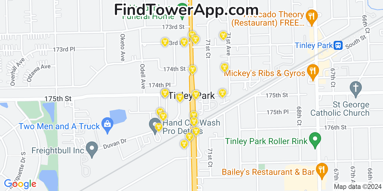 AT&T 4G/5G cell tower coverage map Tinley Park, Illinois