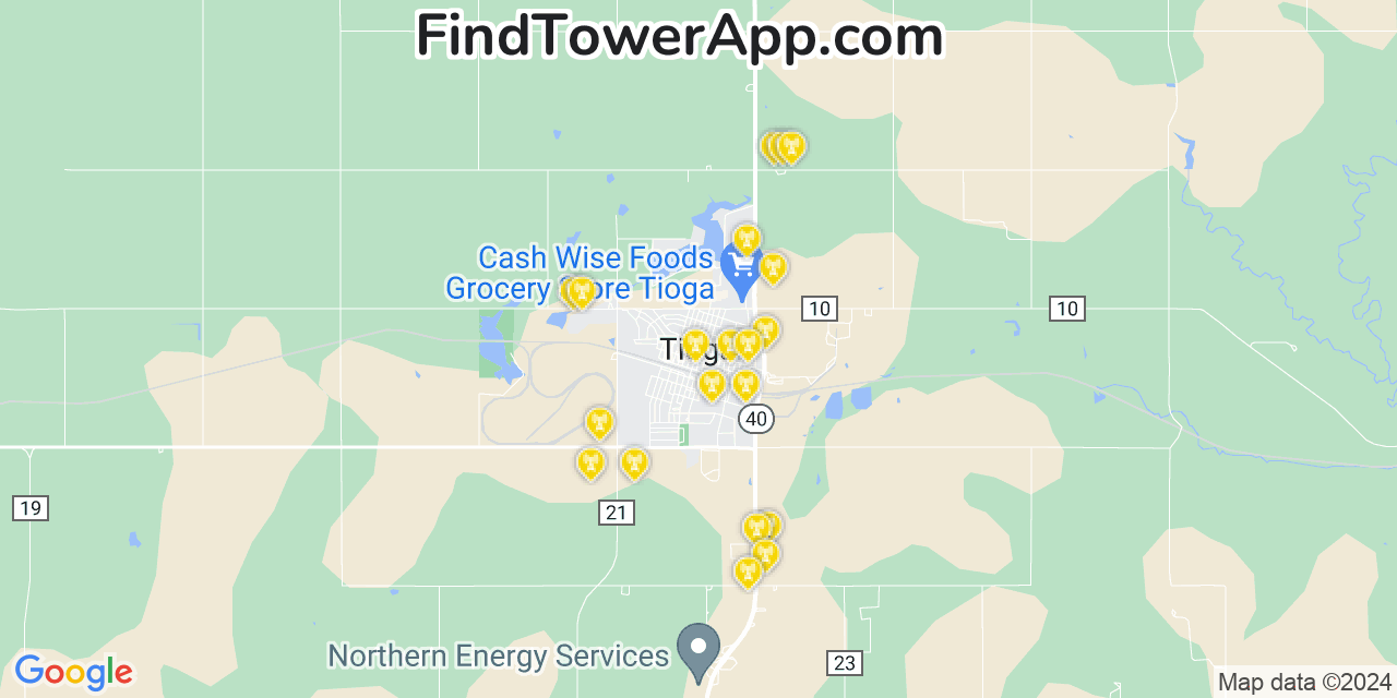 AT&T 4G/5G cell tower coverage map Tioga, North Dakota