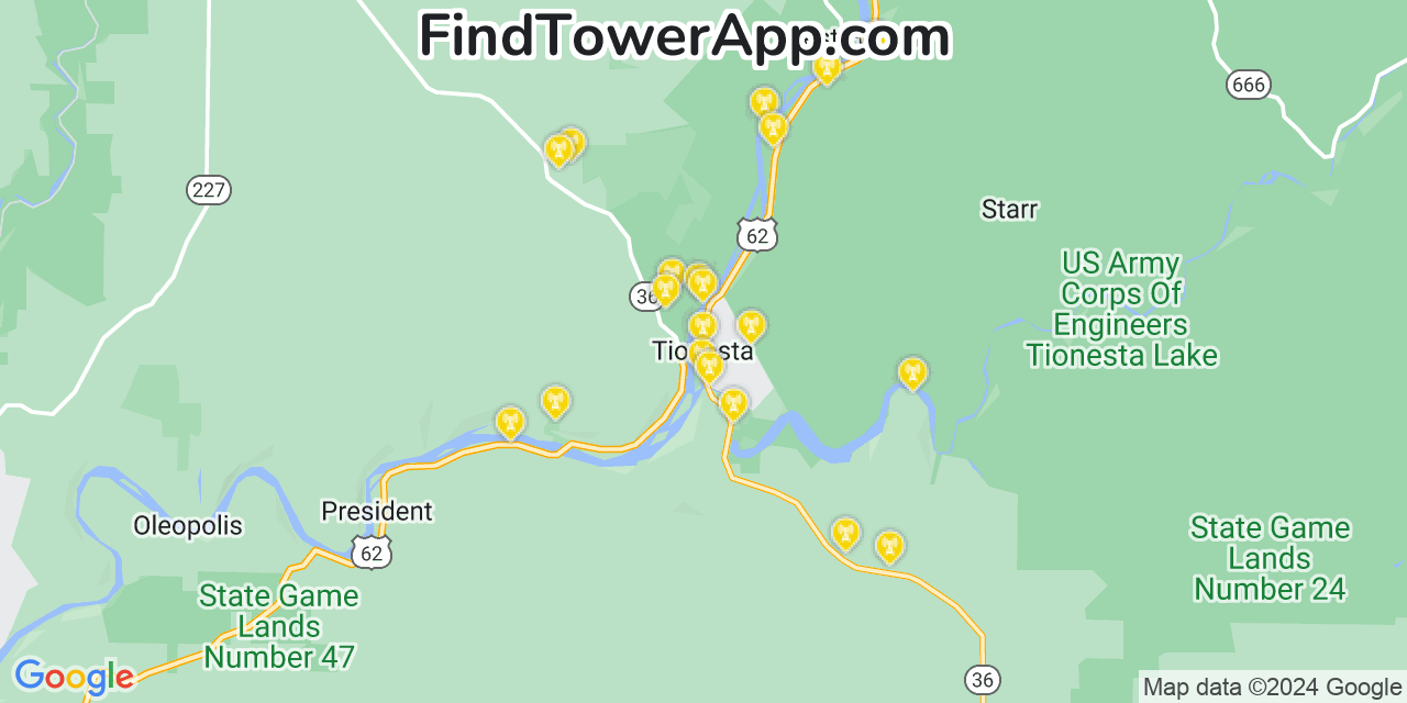 AT&T 4G/5G cell tower coverage map Tionesta, Pennsylvania
