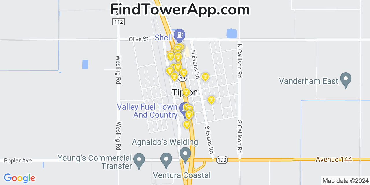 AT&T 4G/5G cell tower coverage map Tipton, California