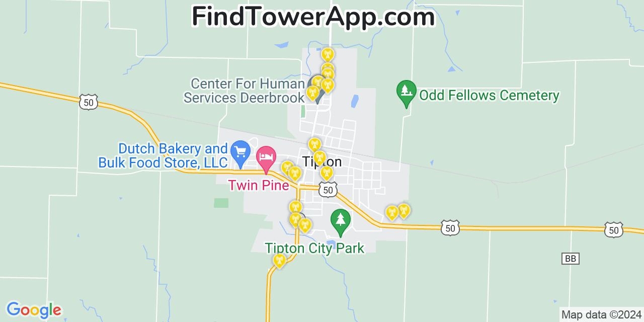 AT&T 4G/5G cell tower coverage map Tipton, Missouri
