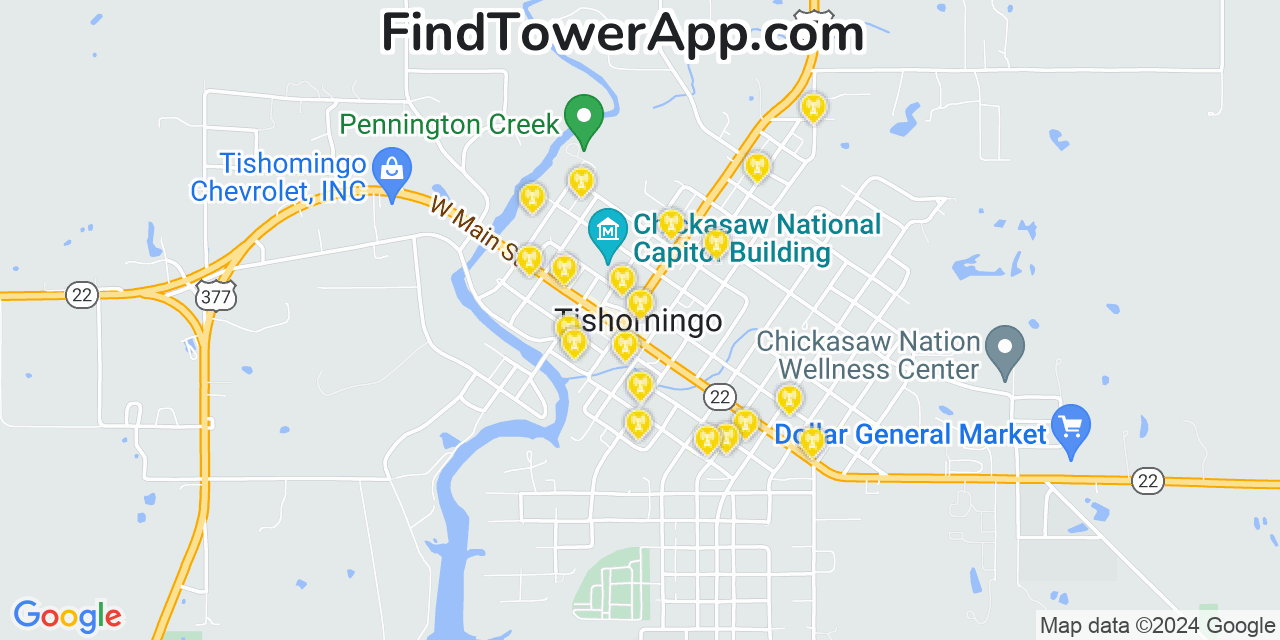 AT&T 4G/5G cell tower coverage map Tishomingo, Oklahoma