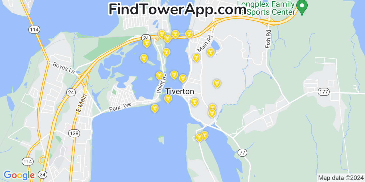 AT&T 4G/5G cell tower coverage map Tiverton, Rhode Island