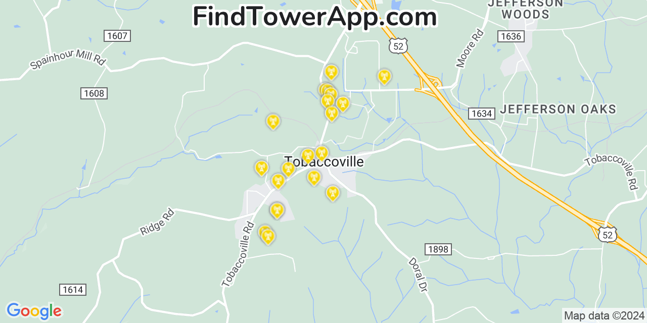 AT&T 4G/5G cell tower coverage map Tobaccoville, North Carolina