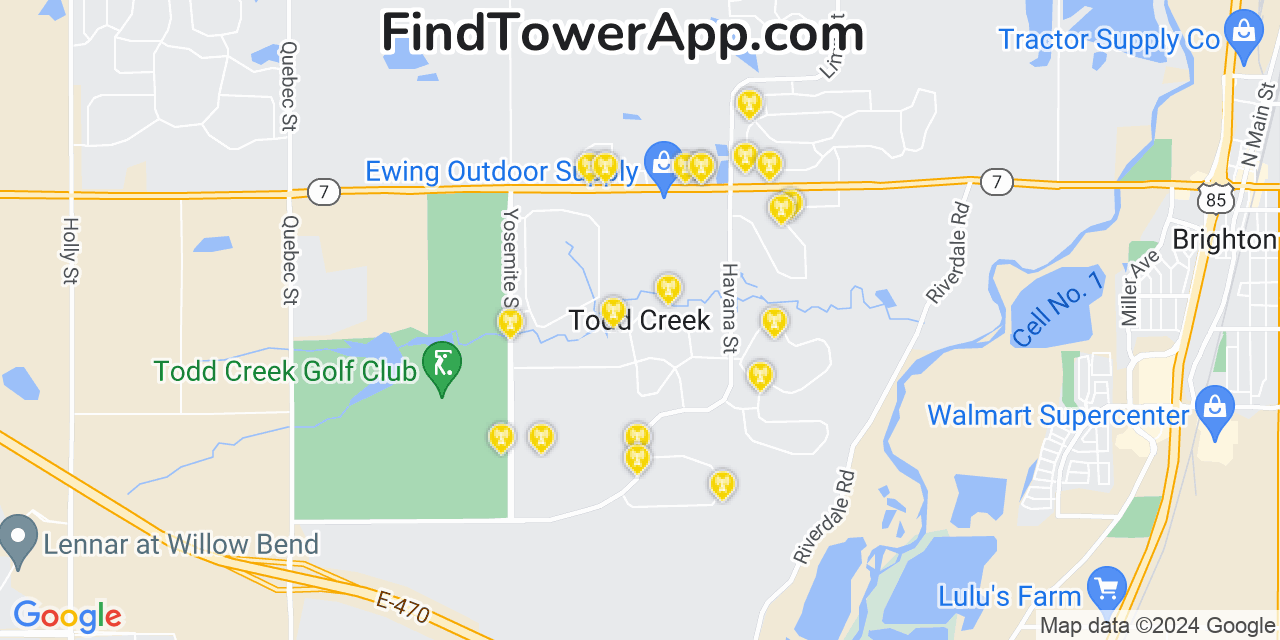 AT&T 4G/5G cell tower coverage map Todd Creek, Colorado