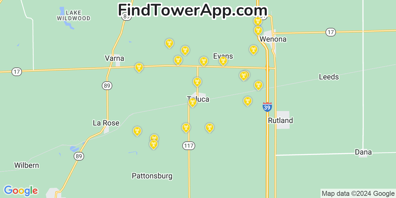 AT&T 4G/5G cell tower coverage map Toluca, Illinois