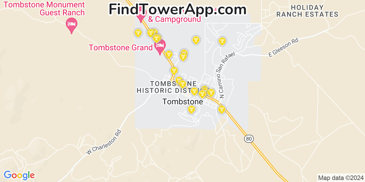 AT&T 4G/5G cell tower coverage map Tombstone, Arizona