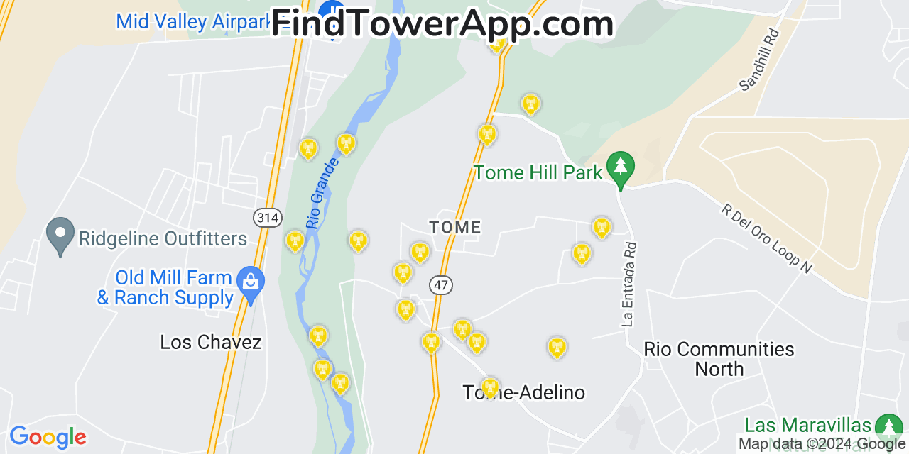 AT&T 4G/5G cell tower coverage map Tome, New Mexico