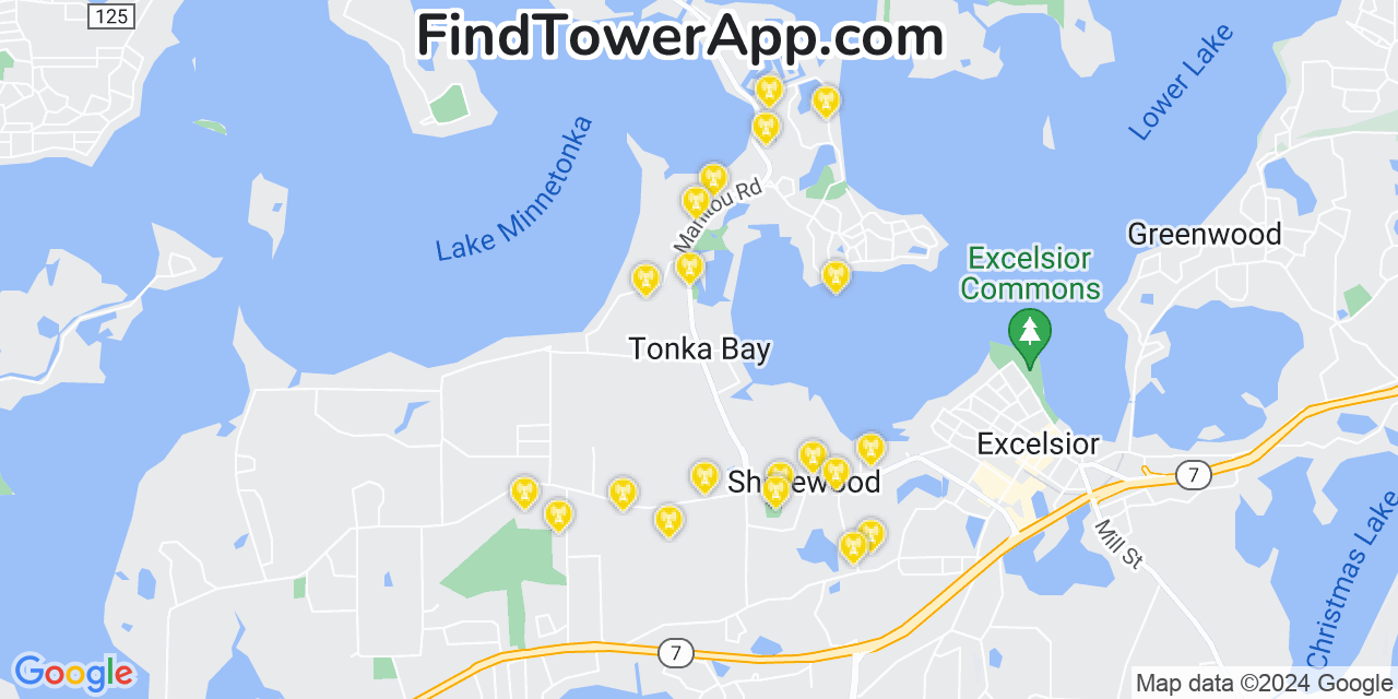 AT&T 4G/5G cell tower coverage map Tonka Bay, Minnesota