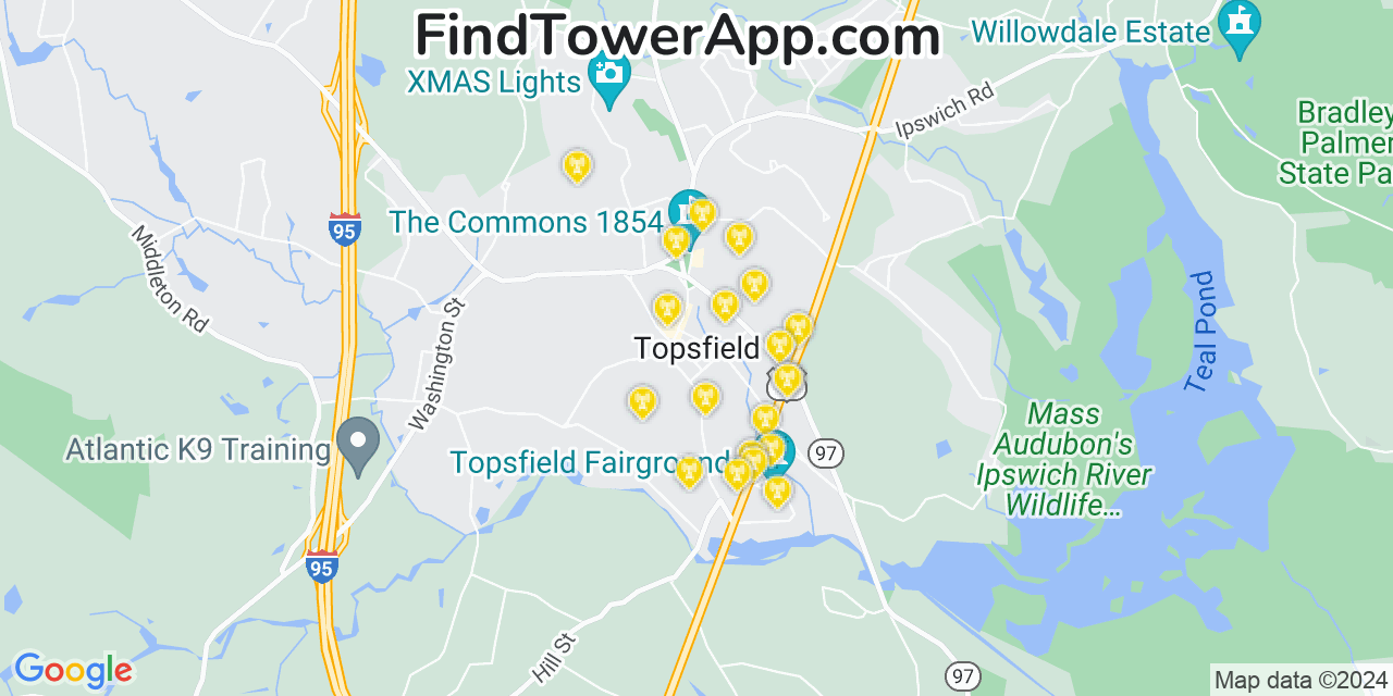 AT&T 4G/5G cell tower coverage map Topsfield, Massachusetts