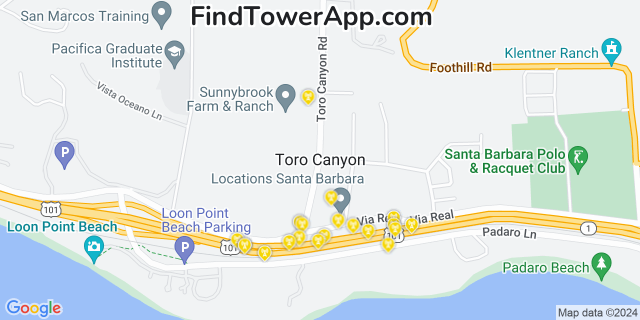 AT&T 4G/5G cell tower coverage map Toro Canyon, California