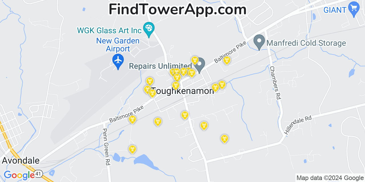 AT&T 4G/5G cell tower coverage map Toughkenamon, Pennsylvania